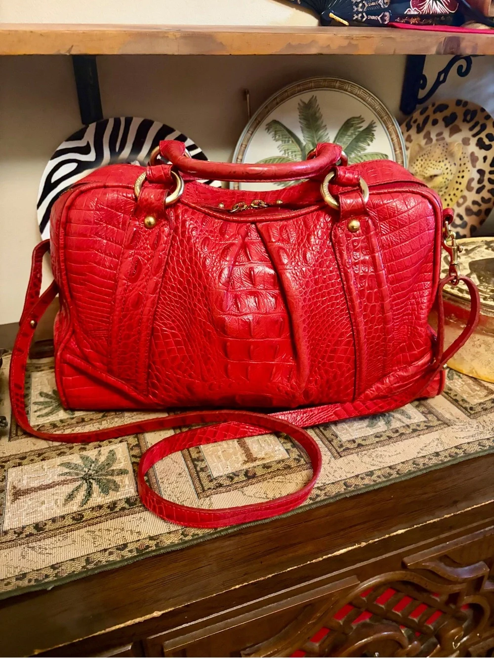 Brahmin Red Croc-Embossed Satchel with Gold Hardware